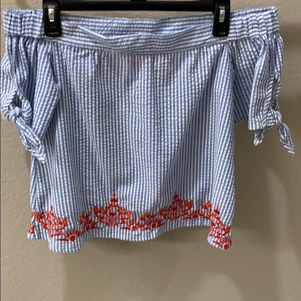 Off the shoulder smoked top w/ orange embroidering